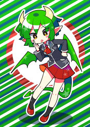 Rule 34 | 1girl, absurdres, black socks, bright pupils, brown eyes, draco centauros, dragon girl, dragon horns, dragon tail, dragon wings, full body, green hair, hand on own hip, highres, horns, long sleeves, offbeat, pointy ears, puyopuyo, red footwear, red skirt, short hair, skirt, socks, solo, tail, tongue, tongue out, white pupils, wings