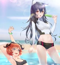 Rule 34 | 2girls, :d, ahoge, animal ears, arknights, armpits, arms up, bikini, bikini bottom only, black bikini, black hair, blue sky, blurry, blurry background, blush, breasts, brown eyes, cleavage, cloud, commentary, cowboy shot, croissant (arknights), crop top, day, eyewear on head, food, grey eyes, hair between eyes, hand up, highres, holding, holding food, horns, ku99 (kugugu), lens flare, long hair, long sleeves, looking at viewer, medium breasts, midriff, multiple girls, navel, open mouth, orange hair, outdoors, popsicle, sky, small breasts, smile, standing, stomach, sunglasses, swimsuit, texas (arknights), thighs, upper body, wading, water, wolf ears