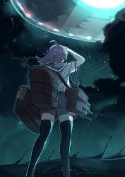Rule 34 | 1girl, aoba (kancolle), black thighhighs, blue sailor collar, blue shorts, cloud, cloudy sky, commentary request, dark clouds, feet out of frame, from behind, grey sky, highres, kantai collection, machinery, ocean, osananajimi neko, ponytail, purple hair, sailor collar, sailor shirt, scrunchie, shirt, shorts, sky, solo, standing, standing on liquid, thighhighs, ufo, water, white shirt