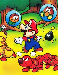 Rule 34 | 1boy, angry, blue eyes, bob-omb, flower, flower on head, forest, gloves, goomba, grass, hat, highres, mario, mario (series), nature, nervous, nintendo, official art, super mario bros. 1, super mario world, tree, wiggler, worm