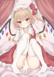 Rule 34 | 1girl, absurdres, between legs, blush, bow, crystal, flandre scarlet, full body, gaden19, hair bow, hand between legs, hat, highres, knees together feet apart, looking at viewer, mob cap, on bed, one side up, panties, red bow, red skirt, red vest, skirt, skirt set, solo, thighhighs, touhou, tsurime, underwear, vest, white thighhighs, wings