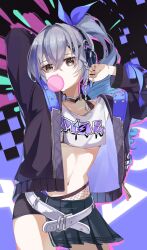Rule 34 | 1girl, arm behind back, belt, black jacket, black shorts, black skirt, blowing bubbles, blue bow, bow, braided sidelock, chewing gum, collarbone, contrapposto, cowboy shot, crop top, crossed bangs, grey eyes, grey hair, hair between eyes, hair bow, hair intakes, half-skirt, hand up, headphones, high ponytail, highres, honkai: star rail, honkai (series), ikenotori, jacket, looking at viewer, loose belt, miniskirt, navel, open clothes, open jacket, pleated skirt, print shirt, purple jacket, shirt, short shorts, shorts, silver wolf (honkai: star rail), skirt, solo, stomach, two-sided fabric, two-sided jacket, white belt, white shirt