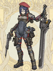 Rule 34 | 1girl, arm armor, armor, bayonet, belt, belt pouch, beret, black eyes, black hair, bodysuit, boots, breastplate, breasts, brown background, camouflage footwear, chiappa firearms, chiappa rhino, closed mouth, dairoku ryouhei, english text, full body, goggles, gun, hair over one eye, handgun, hat, hetza (hellshock), holding, holding weapon, holster, low bore axis revolver, medium breasts, medium hair, pistol, pouch, red hat, respirator, revolver, shoulder armor, solo, standing, sword, thigh strap, weapon