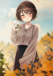 Rule 34 | 1girl, absurdres, bad id, bad pixiv id, black skirt, blush, breasts, brown hair, brown sweater, cloud, collarbone, cup, disposable cup, flower, highres, holding, holding cup, kazanock, long skirt, long sleeves, medium breasts, orange flower, original, outdoors, pout, red eyes, skirt, sky, sleeves past wrists, solo, sweater