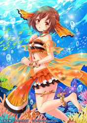 Rule 34 | 1girl, :o, anklet, barefoot, beads, brown eyes, brown hair, bubble, choker, clownfish (tenka touitsu chronicle), coral, fish, freediving, jewelry, lots of jewelry, midriff, original, personification, shina shina, short hair, solo, sparkle, swimming, tenka touitsu chronicle, thighlet, underwater