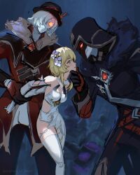 Rule 34 | 1girl, 2021, 2boys, absurdres, archon of flesh, arms behind back, artist name, blonde hair, captured, defeat, fatui agent (genshin impact), fatui pyro agent (genshin impact), flower, genshin impact, grabbing another&#039;s chin, hair flower, hair ornament, hand on chin, hands behind back, hat, highres, holding chin, imminent penetration, imminent rape, lumine (genshin impact), multiple boys, pyroslinger bracer (genshin impact), torn clothes, white stockings