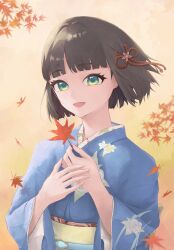 1girl :d absurdres autumn_leaves bad_id bad_twitter_id black_hair blue_kimono blunt_bangs blunt_ends blush commentary floral_print floral_print_kimono flower flower_knot gradient_background green_eyes hair_flower hair_ornament highres hiroaki_(skrgnk) holding holding_leaf japanese_clothes kimono leaf link!_like!_love_live! looking_at_viewer love_live! momose_ginko official_alternate_costume open_mouth print_kimono short_hair sleeves_past_elbows smile solo symbol-only_commentary upper_body virtual_youtuber yellow_background