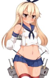 Rule 34 | &gt; &lt;, 10s, 1girl, :3, anchor hair ornament, blonde hair, blue skirt, blush, bow, breasts, brown eyes, closed eyes, collarbone, elbow gloves, eyebrows, frontal wedgie, gloves, grin, hair bow, hair ornament, hairband, highres, kantai collection, long hair, miniskirt, naughty face, navel, panties, panty lift, rensouhou-chan, shimakaze (kancolle), simple background, skirt, small breasts, smile, stomach, striped clothes, striped thighhighs, thighhighs, thong, underwear, wedgie, white background, white gloves, zack (haiuinndo)