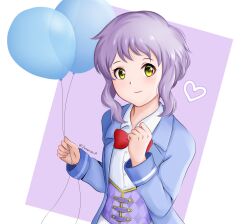 Rule 34 | 1girl, balloon, blue jacket, blush, bow, bowtie, clenched hand, commentary request, corset, datenshi p, heart, highres, holding, holding balloon, idolmaster, idolmaster million live!, jacket, long sleeves, looking at viewer, makabe mizuki, purple corset, purple hair, red bow, red bowtie, shirt, short hair, sidelocks, smile, solo, upper body, wavy hair, white background, white shirt, yellow eyes