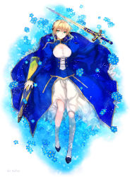 Rule 34 | 1girl, ahoge, artoria pendragon (fate), avalon (fate/stay night), blonde hair, breasts, cleavage, cleavage cutout, clothing cutout, dress, excalibur (fate/stay night), fate/stay night, fate (series), flower, green eyes, large breasts, lying, saber (fate), sheath, solo, sword, weapon, xingna