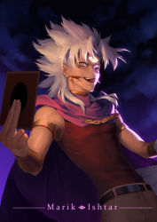 Rule 34 | 1boy, absurdres, armlet, belt, cape, card, chain, character name, commentary, earrings, facial mark, forehead mark, highres, holding, holding card, jewelry, looking at viewer, male focus, pants, pink cape, pink eyes, red tank top, smile, solo, spiked hair, tank top, teeth, tongue, tongue out, vambraces, white hair, wumang xing, yami marik, yu-gi-oh!, yu-gi-oh! duel monsters