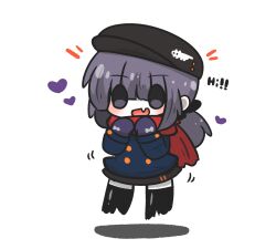 Rule 34 | 1girl, black hat, black skirt, black thighhighs, blue jacket, blush, cabbie hat, chibi, commentary request, dissolving, english text, fang, full body, hair between eyes, hat, heart, highres, jacket, long hair, mittens, notice lines, original, pale skin, purple eyes, purple hair, purple mittens, red scarf, scarf, shadow, simple background, skirt, solo, thighhighs, uni souchou, white background