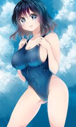 Rule 34 | 1girl, bad id, bad pixiv id, benimanjuu, black hair, blue eyes, breasts, cameltoe, competition swimsuit, highres, impossible clothes, impossible swimsuit, large breasts, one-piece swimsuit, original, short hair, solo, standing, swimsuit, wet