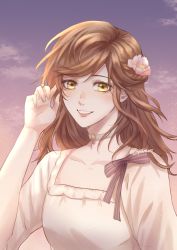 Rule 34 | 1girl, brown eyes, brown hair, choker, cloud, collarbone, commentary, english commentary, flower, hair flower, hair ornament, hand up, highres, jtyldraws, long hair, looking at viewer, outdoors, pink flower, rosa (tears of themis), shirt, short sleeves, smile, solo, sunset, tears of themis, twitter username, upper body, white choker, white shirt