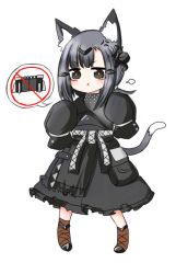 Rule 34 | 1girl, :t, anger vein, animal ear fluff, animal ears, bailingxiao jiu, black dress, black eyes, black hair, blush, brown footwear, cat ears, cat girl, cat tail, chibi, closed mouth, commentary request, dress, full body, girls&#039; frontline, hair ornament, long sleeves, nyto (girls&#039; frontline), mercurows (girls&#039; frontline), pout, sidelocks, simple background, sleeves past fingers, sleeves past wrists, solo, spoken object, standing, tail, v-shaped eyebrows, white background