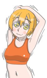 Rule 34 | 1girl, artist name, artist request, bare shoulders, breasts, close-up, collarbone, female focus, green eyes, hair between eyes, highres, hoshizora rin, looking at viewer, love live!, love live! school idol project, medium breasts, orange hair, orange shirt, orange tank top, outstretched arms, parted lips, shirt, short hair, smile, solo, sports bra, tank top, upper body, white background, yellow eyes