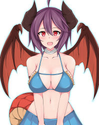 Rule 34 | 1girl, :d, ahoge, arm strap, bare shoulders, bikini, bikini skirt, blue bikini, blue skirt, blush, breasts, choker, cleavage, collarbone, commentary request, dragon girl, dragon horns, dragon tail, dragon wings, granblue fantasy, grea (shingeki no bahamut), hair between eyes, highres, horns, large breasts, looking at viewer, midriff, navel, open mouth, purple hair, red eyes, shingeki no bahamut, short hair, simple background, skirt, smile, solo, swimsuit, tail, toyo (c8), white background, white choker, wings