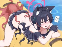 Rule 34 | !?, 1girl, afloat, animal, animal ear fluff, animal ears, ass, ass grab, banana boat, bikini, black bikini, black hair, blue archive, blush, breasts, cat ears, collarbone, commentary, crossed arms, day, extra ears, frilled bikini, frills, halo, highres, inflatable raft, inflatable toy, long hair, lying, makkurourufu, octopus, official alternate costume, on stomach, open mouth, pink halo, red eyes, riding, serika (blue archive), serika (swimsuit) (blue archive), small breasts, solo, surprised, sweat, swimsuit, symbol-only commentary, tentacles, twintails, water