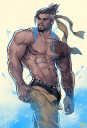 Rule 34 | 1boy, abs, absolum art, arm tattoo, bara, beard, black hair, black male underwear, briefs, bulge, clothes pull, facial hair, feet out of frame, hanzo (overwatch), highres, large pectorals, male focus, male underwear, mature male, muscular, muscular male, navel, navel hair, nipples, open pants, overwatch, overwatch 1, pants, pants pull, pectorals, pulled by self, short hair, sideburns, solo, standing, stomach, stubble, tattoo, topless male, underwear, yellow pants