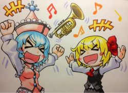 Rule 34 | &gt; &lt;, 2girls, :d, > <, blonde hair, blue hair, blush stickers, bow, breasts, clenched hand, clenched hands, closed eyes, female focus, floating, frills, hair bow, happy, hat, instrument, kawachi koorogi, marker (medium), merlin prismriver, multiple girls, musical note, open mouth, outstretched arms, rumia, smile, touhou, traditional media, trumpet, xd