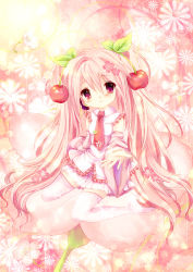 Rule 34 | 1girl, boots, cherry, cherry blossoms, detached sleeves, food, fruit, hatsune miku, head tilt, headset, highres, long hair, name connection, necktie, object namesake, pink eyes, pink hair, sakura miku, sitting, skirt, solo, thigh boots, thighhighs, twintails, very long hair, vocaloid, yukim27