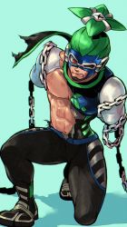 Rule 34 | 1boy, @ @, abs, amputee, aqua background, arms (game), bad id, bad twitter id, blouse, chain, clenched teeth, goggles, green hair, highres, jika-tabi, kneeling, long arms, male focus, mask, ninja, ninjara (arms), nintendo, nipples, nkraae, official style, on one knee, orange eyes, ponytail, scarf, shirt, shoes, short hair, simple background, sneakers, solo, teeth, torn clothes, torn scarf, torn shirt