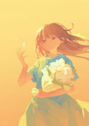 Rule 34 | 1girl, blue dress, bouquet, commentary request, dress, flower, hand up, highres, holding, holding bouquet, light particles, long hair, orange background, orange eyes, orange hair, orange theme, original, potg (piotegu), short sleeves, solo, white flower