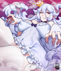 Rule 34 | 1girl, bayeuxman, boo (mario), breasts, covered erect nipples, crown, dress, fingernails, frilled dress, frills, ghost, large breasts, luigi&#039;s mansion, mario (series), new super mario bros. u deluxe, nintendo, pink eyes, princess king boo, thighhighs, white dress, white hair