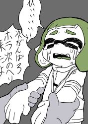 Rule 34 | 1girl, 1other, blunt bangs, crying, domino mask, fang, fangs, gloves, green hair, high-visibility vest, highres, holding another&#039;s wrist, inkling, inkling girl, inkling player character, kotarou (kotakota ee), mask, monochrome, nintendo, pulling, salmon run (splatoon), sleeveless, sleeveless jacket, splatoon (series), splatoon 3, streaming tears, suction cups, tears, tentacle hair, translation request, wavy mouth