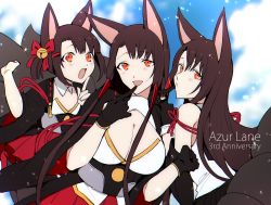 Rule 34 | 3girls, aged down, akagi-chan (azur lane), akagi (azur lane), akagi (muse) (azur lane), animal ears, anniversary, azur lane, bare shoulders, bell, black gloves, black legwear, blush, breasts, brown hair, cleavage, commentary request, detached sleeves, flat chest, fox ears, fox girl, fox tail, gloves, hair bell, hair ornament, highres, japanese clothes, large breasts, long hair, looking at viewer, multiple girls, multiple persona, multiple tails, open mouth, orange eyes, shirt, short hair, sidelocks, smile, suzuki-san (szk3tv), tail, thighhighs, twintails, very long hair, white shirt, wide sleeves