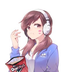 Rule 34 | 1girl, alternate hairstyle, artist name, bad id, bad twitter id, blue jacket, brand name imitation, brown eyes, brown hair, clothes writing, collarbone, d.va (overwatch), doritos, eating, eyebrows, facepaint, facial mark, fingernails, food, food in mouth, food on face, hair ornament, hair tie, hand up, headphones, highres, holding, jacket, long hair, long sleeves, looking at viewer, low-tied long hair, low twintails, overwatch, overwatch 1, panza, shirt, simple background, solo, twintails, upper body, whisker markings, white background, white shirt