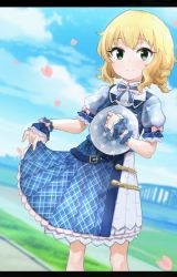 Rule 34 | 1girl, alternate costume, alternate hairstyle, blonde hair, blue dress, blush, child, closed mouth, dress, floral print, green eyes, grey hat, hair between eyes, hand up, hat, head tilt, highres, idolmaster, idolmaster cinderella girls, naltal, sakurai momoka, self-upload, solo, standing, unworn hat, unworn headwear