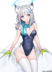 Rule 34 | 1girl, alternate costume, animal ear fluff, animal ears, bare shoulders, black leotard, blue archive, blue scarf, breasts, commentary request, gloves, green gloves, groin, hair between eyes, halo, highleg, highleg leotard, jurrig, leotard, looking at viewer, medium breasts, medium hair, mismatched pupils, playboy bunny, scarf, shiroko (blue archive), sidelocks, simple background, sitting, sleeveless, solo, strapless, strapless leotard, thighhighs, white background, white thighhighs, wolf ears, wolf girl