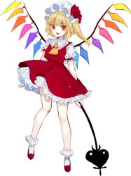 Rule 34 | 1girl, :d, ascot, bad id, bad twitter id, bare legs, blonde hair, bobby socks, commentary, crystal, daimaou ruaeru, fang, flandre scarlet, frilled shirt collar, frills, hat, hat ribbon, highres, holding, laevatein, long hair, mob cap, one side up, open mouth, petticoat, puffy short sleeves, puffy sleeves, red eyes, red footwear, red ribbon, red skirt, red vest, ribbon, shirt, shoes, short sleeves, simple background, skirt, skirt set, slit pupils, smile, socks, solo, thighs, touhou, vest, white background, white hat, white shirt, white socks, wings, yellow ascot