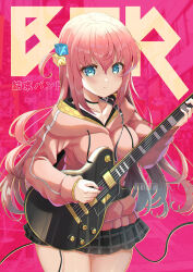 Rule 34 | 1girl, text background, black skirt, blue eyes, bocchi the rock!, breasts, closed mouth, collarbone, commentary, cube hair ornament, drawstring, electric guitar, gibson les paul, gotoh hitori, guitar, hair between eyes, hair ornament, highres, holding, holding instrument, hood, hood down, hooded jacket, instrument, jacket, long hair, long sleeves, looking at viewer, medium breasts, one side up, pink hair, pink jacket, pleated skirt, plectrum, puffy long sleeves, puffy sleeves, skirt, sleeves past wrists, solo, thick thighs, thighs, translation request, twitter username, very long hair, xephonia