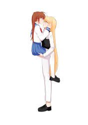 Rule 34 | 2girls, absurdres, black footwear, blonde hair, blue eyes, blush, brown hair, closed mouth, fate testarossa, height difference, highres, holding person, long hair, long sleeves, looking at another, lyrical nanoha, mahou shoujo lyrical nanoha, multiple girls, pants, pantyhose, parted lips, red eyes, smile, takamachi nanoha, very long hair, white legwear, white pants, wife and wife, yer, yuri
