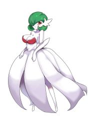 Rule 34 | 1girl, absurdres, bare shoulders, blush, bob cut, breasts, cleavage, closed mouth, collarbone, colored skin, creatures (company), dress, elbow gloves, female focus, full body, game freak, gardevoir, gen 3 pokemon, gloves, green hair, haembokeyo, hair over one eye, highres, large breasts, looking to the side, mega gardevoir, mega pokemon, nintendo, one eye covered, pokemon, pokemon (creature), red eyes, short hair, simple background, solo, standing, strapless, strapless dress, white background, white dress, white gloves, white skin