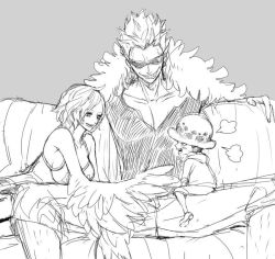 Rule 34 | 1girl, 2boys, age difference, artist request, donquixote doflamingo, monet (one piece), multiple boys, one piece, smile, source request, trafalgar law