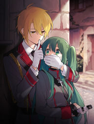 Rule 34 | 1boy, 1girl, blonde hair, cross, cross necklace, day, finger to mouth, gloves, grabbing, grabbing from behind, green eyes, green hair, hand on another&#039;s mouth, highres, holding, holding sword, holding weapon, jewelry, katana, long hair, looking back, looking down, looking up, military uniform, necklace, original, outdoors, short hair, shushing, sweatdrop, sword, twintails, uniform, wannyanpu, weapon, white gloves, yellow eyes