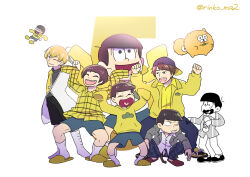 Rule 34 | 6+boys, aged down, animalization, antenna hair, backwards hat, bowl cut, character doll, delinquent, dog, hat, heart, heart in mouth, idol, idol clothes, long sleeves, male focus, matsuno jyushimatsu, multiple boys, multiple persona, ono daisuke, open fly, osomatsu-kun, osomatsu-san, osomatsu-san on stage - six men&#039;s show time, osomatsu-san the movie, raglan sleeves, rinko ma2, salute, sleeves past wrists, smile, squatting, teardrop, time paradox, two-finger salute, voice actor, wavy mouth, white background