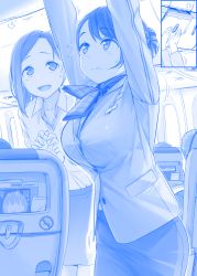 Rule 34 | 1boy, 2girls, ai-chan (tawawa), airplane interior, arms up, bad id, bad twitter id, blue theme, blush, breasts, buttons, chair, character request, closed mouth, collared shirt, comic, cowboy shot, dress shirt, flight attendant, flying sweatdrops, frown, getsuyoubi no tawawa, headphones, himura kiseki, kouhai-chan (tawawa), large breasts, long sleeves, looking up, luggage, mole, mole under eye, monochrome, motion lines, multiple girls, necktie, nervous smile, pencil skirt, pocket, shirt, short hair, skirt, smile, standing, sweat, tareme, travel attendant, wing collar