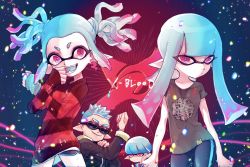 Rule 34 | 2boys, 2girls, bad id, bad twitter id, bowl cut, dolphin shorts, fangs, highres, hime cut, inkling, inkling boy, inkling girl, inkling player character, kaku no mintblue, multiple boys, multiple girls, nintendo, red eyes, short shorts, shorts, spiked hair, splatoon (manga), splatoon (series), splatoon 2, sweater, twintails, x-blood