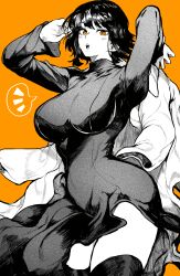 Rule 34 | 1girl, :o, absurdres, arms up, breasts, coat, dress, fubuki (one-punch man), fur coat, greyscale with colored background, highres, large breasts, long sleeves, looking at viewer, one-punch man, open mouth, orange background, orange eyes, solo, speech bubble, spot color, thighhighs, turtleneck, turtleneck dress, yotsumi shiro