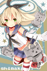 Rule 34 | 10s, 1girl, absurdres, blonde hair, gloves, green eyes, highres, kantai collection, kumahara, navel, ribbon, shimakaze (kancolle), smile, striped clothes, striped thighhighs, thighhighs