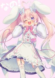 Rule 34 | 1girl, ;d, absurdres, ahoge, animal ears, apron, black skirt, blue bow, blue eyes, blush, bow, center frills, copyright request, ear bow, fingers to cheeks, frills, garter straps, gradient background, gradient hair, grey hair, hair between eyes, heart, heart ahoge, highres, long hair, long sleeves, looking at viewer, multicolored hair, one eye closed, open mouth, pink background, pink hair, puffy long sleeves, puffy sleeves, purple background, rabbit ears, sakura chiyo (konachi000), shirt, skirt, sleeves past wrists, smile, solo, thighhighs, twintails, very long hair, virtual youtuber, white apron, white shirt, white thighhighs