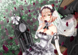 Rule 34 | 1girl, alternate costume, armpits, azur lane, bare shoulders, blonde hair, blush, bow, breasts, bridal gauntlets, bridal veil, bride, brown eyes, cannon, chushou wang, cleavage, closed mouth, collarbone, cross, day, detached collar, dress, flower, gloves, hair between eyes, head tilt, highres, holding, holding flower, iron cross, lace, lace-trimmed dress, lace trim, large breasts, layered dress, looking at viewer, machinery, multicolored hair, outdoors, petals, red flower, red hair, red rose, rigging, roon (azur lane), rose, short hair, smile, solo, strapless, strapless dress, streaked hair, veil, wedding dress, white bow, white dress, white gloves