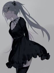 Rule 34 | 1girl, absurdres, arms behind back, bat wings, black bow, black dress, black ribbon, black thighhighs, bow, cross, cross earrings, dress, ear piercing, earrings, eyepatch, frilled dress, frills, grey eyes, hair bow, hair ornament, hairclip, highres, jewelry, medical eyepatch, neck ribbon, nia (x x02), original, piercing, ribbon, simple background, solo, thighhighs, twintails, wings