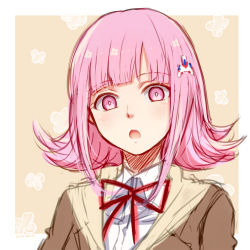 Rule 34 | 1girl, :o, blush, border, brown jacket, commentary request, danganronpa (series), danganronpa 3 (anime), flipped hair, hair ornament, hairclip, hope&#039;s peak academy school uniform, jacket, looking at viewer, lowres, meipoi, nanami chiaki, open mouth, pink eyes, pink hair, portrait, red ribbon, ribbon, school uniform, shirt, solo, upper body, white border, white shirt