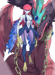 Rule 34 | 1girl, black leotard, blue skin, breasts, chain, cleavage, collarbone, colored skin, dragon, duel monster, feathered wings, forehead jewel, full body, futa yuri ryona, green eyes, harpie&#039;s pet dragon, harpie lady, harpy, head wings, highres, holding, holding chain, large breasts, leotard, long hair, looking at viewer, monster girl, pantyhose, purple pantyhose, red hair, revealing clothes, sharp teeth, smile, talons, teeth, winged arms, wings, yu-gi-oh!