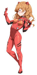 Rule 34 | 1girl, absurdres, artist request, ass, blue eyes, blush, bodysuit, brown hair, full body, highres, long hair, neon genesis evangelion, plugsuit, red bodysuit, simple background, solo, souryuu asuka langley, standing, very long hair, white background